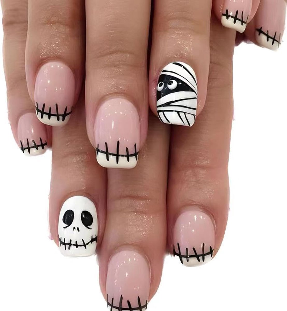 24 stuks mummie skelet kunstnagels Halloween pompoen cartoon leuke nepnagels sterren maan nagel druk op valse nagels (B)