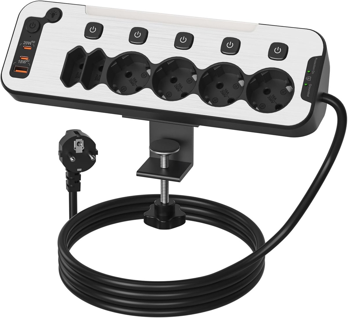 Bureau met USB C PD20W Snelladen en Overspanningsbeveiliging | Stekkerblok met Schakelaar,6-voudig Stopcontact Splitter,Tafelstopcontact met Afneembare Desktopmontagebeugel,2M kabel,Zwart