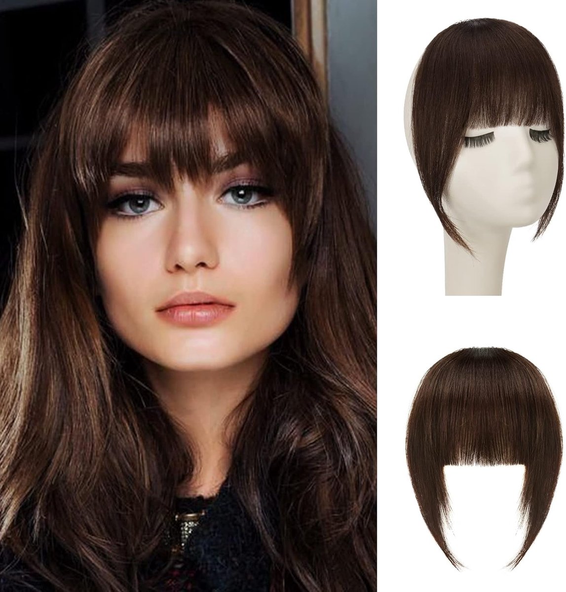 Clip in Franje 100% Echt Haar Clip in Bangs Franse pony met Temples Natuurlijke Clip in Nette pony Echt Haar Fringe Bangs voor Vrouwen - Medium Bruin