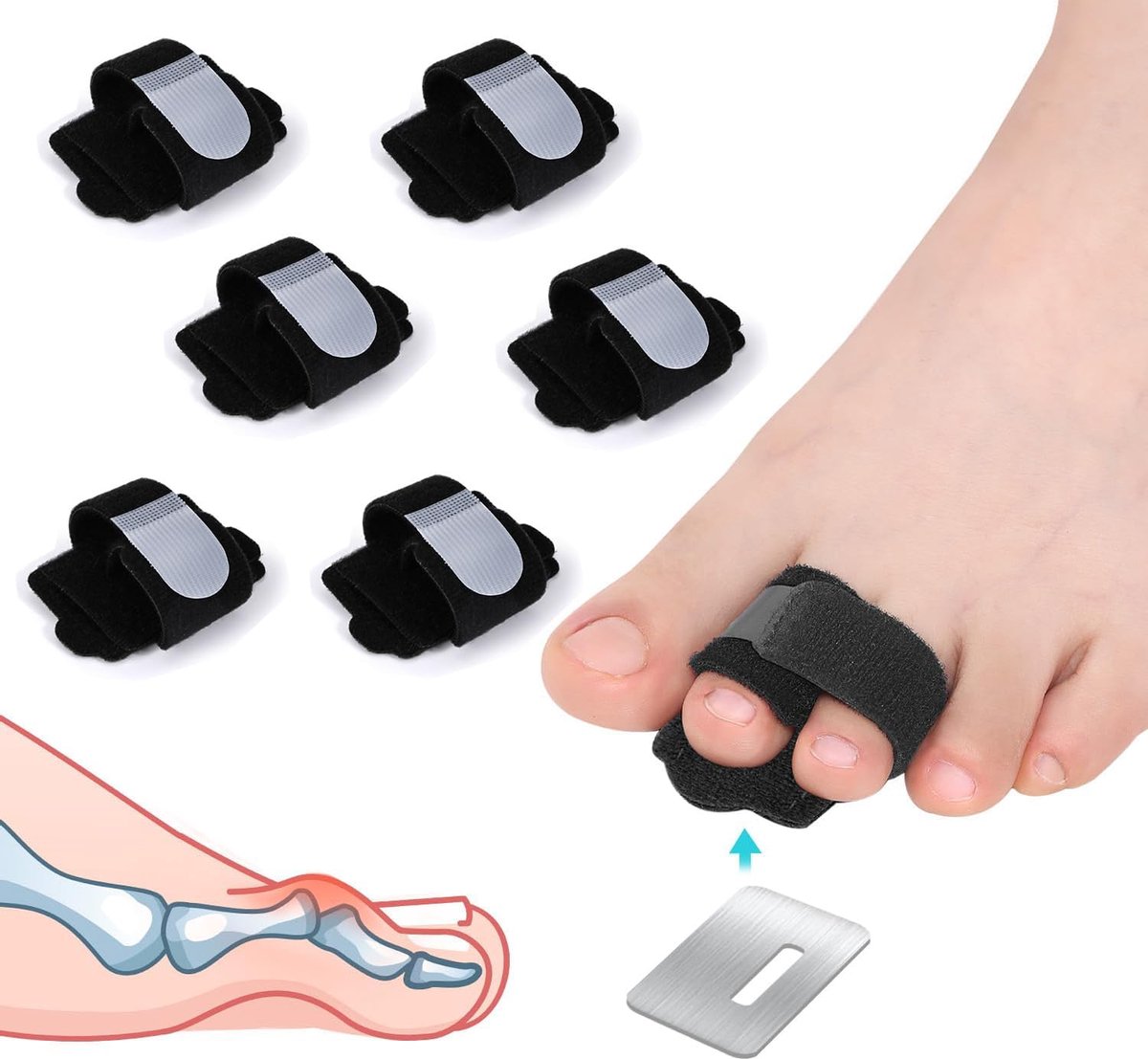 6 stuks nylon teenslippers voor hamertenen, recht, tenen, voeten, ter ondersteuning en ontlasting (zwart)