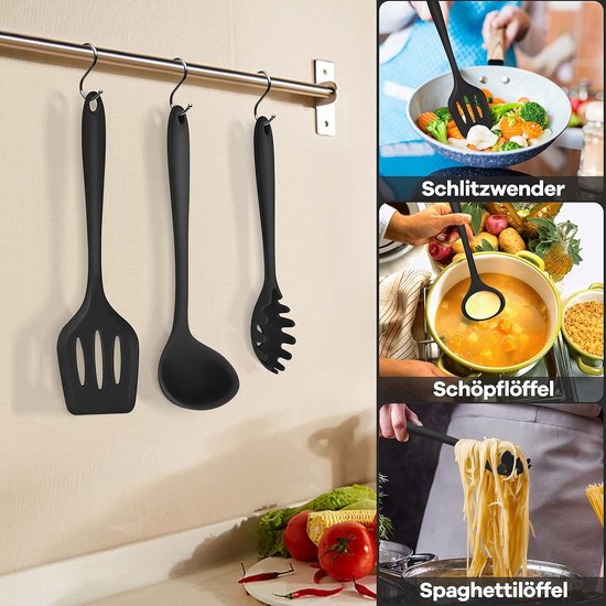 Keukenhulpset, 7-delige zwarte siliconen keukengerei set - Anti-aanbakkookbestek, hittebestendig kookgerei met spatel voor koken, bakken, gezond, vaatwasmachinebestendig — afbeelding 4