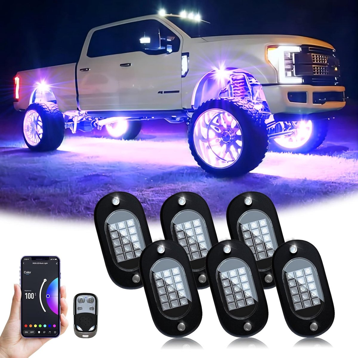 RGB LED Rock Lights, 90 LEDs Lights met Telefoon App/Afstandsbediening & Timing & Muziek Mode Rock Lights Kits, Waterdichte Underglow Licht voor Jeep ATV RZR UTV SUV Off Road AUTO Motorfiets (6