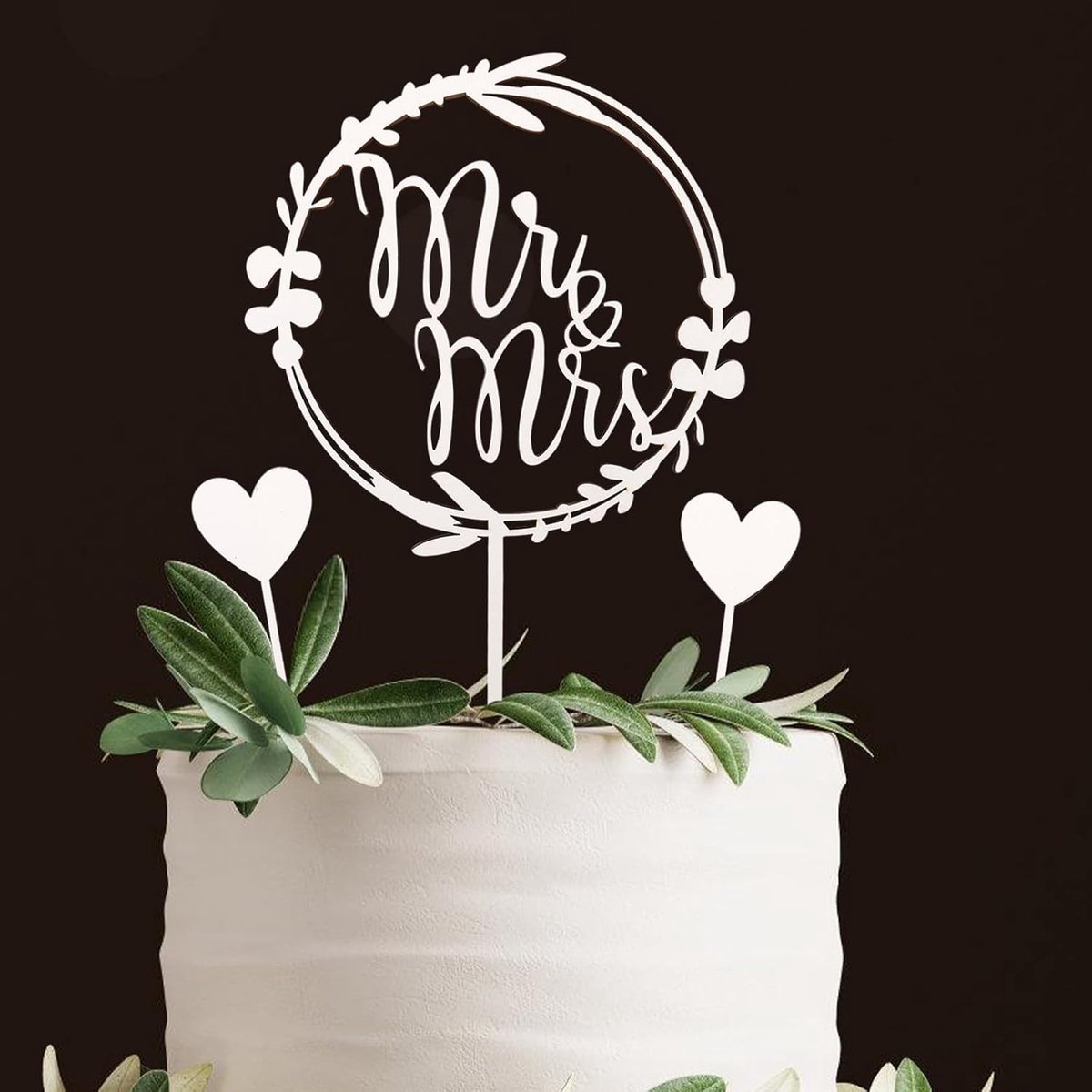 Mr & Mrs decoratieve bruiloftstaart, wit, 3 stuks houten taarttoppers bruiloft, taartdecoratie bruiloft, Mr en Mrs taartsteker, bruiloftstaarttopper, taartdecoratie voor verlovingsaanzoek