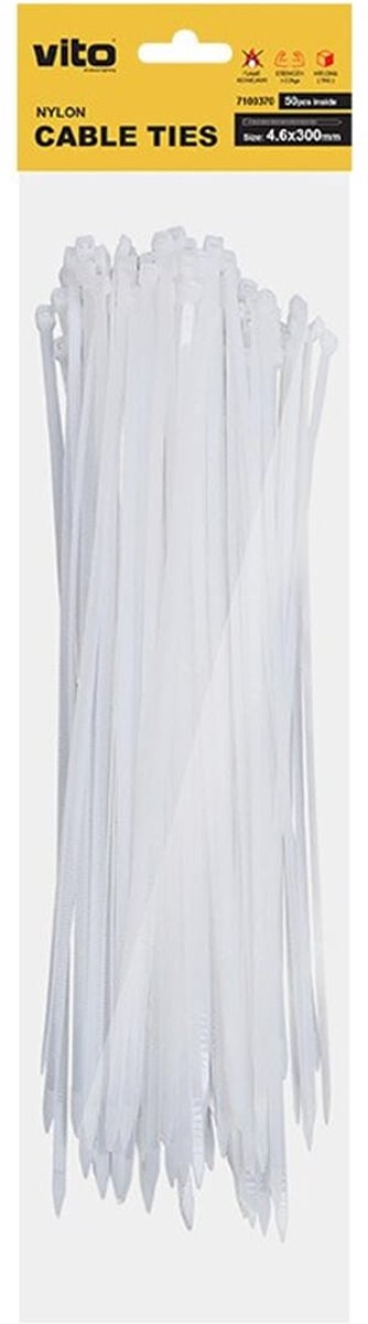 VITO - Kabelbinders - 4.6x300mm - 50 stuks - Wit - 50 stuks - Kabelbinder - Tieraps - voor elektra. verlichting en montage