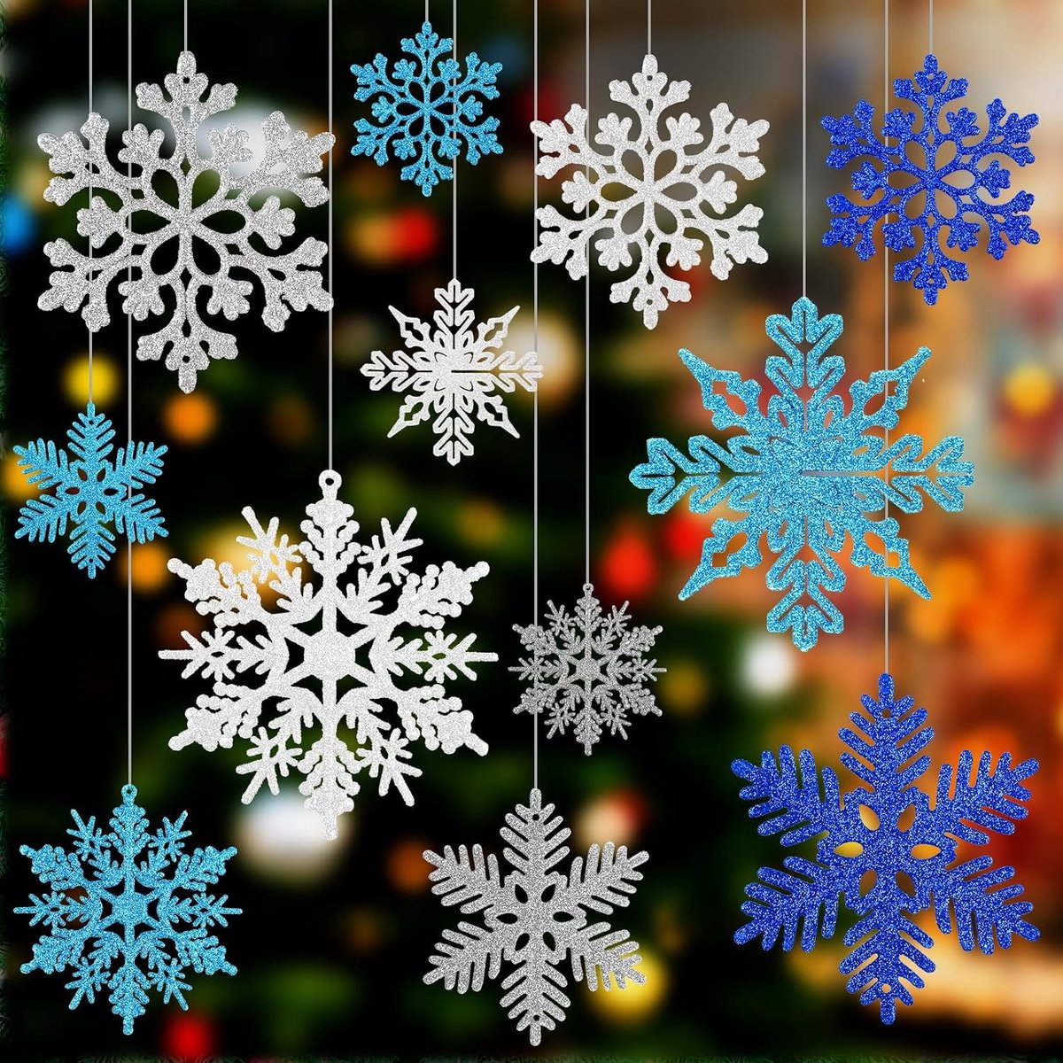 52 stuks blauw wit zilver glitter sneeuwvlokken ornamenten, sneeuwvlokken decoratie voor kerstboomversiering, raam deur accessoires, oudejaarsavond feestdecoraties