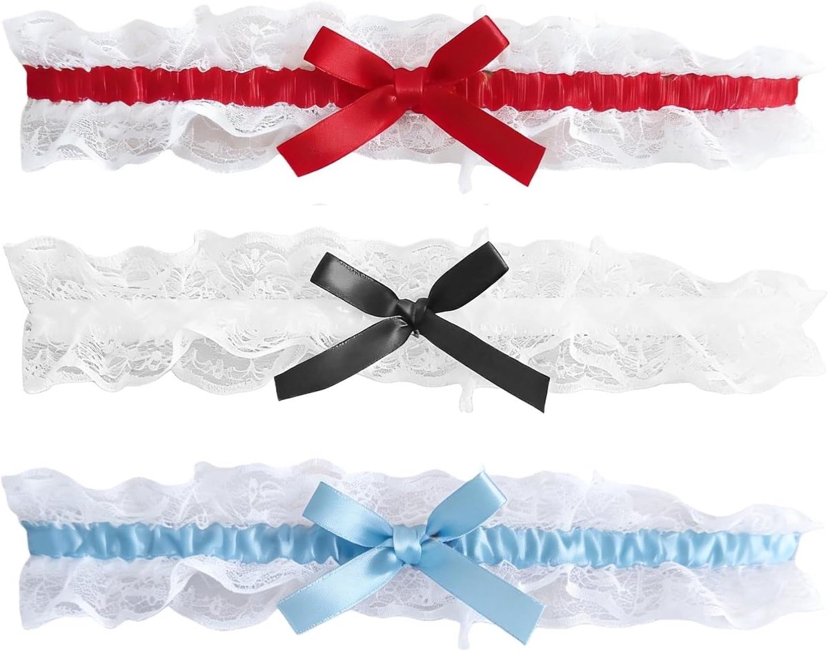Kousenband Voor Bruid – 3 Stuks Kant Kousenbanden In Blauw, Rood En Zwart – Elastische Bruidssieraden Voor Trouwjurk En Feestelijke Gelegenheden