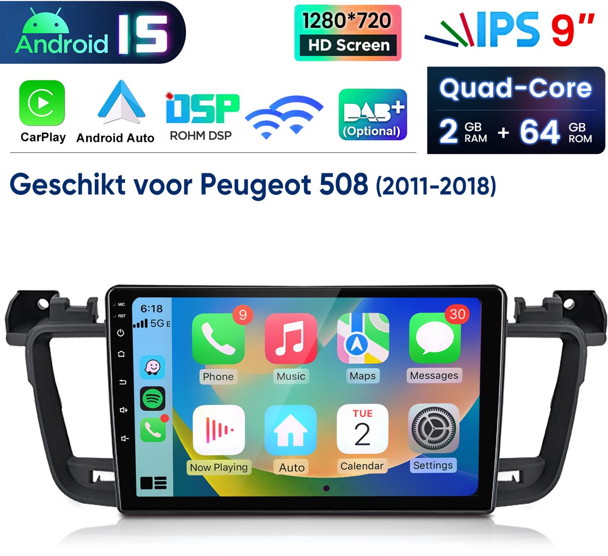 HexinexMarket - Autoradio Geschikt voor Peugeot 508 - Draadloos CarPlay, Android Auto, GPS Navi, multimediaspeler - 2GB+64GB