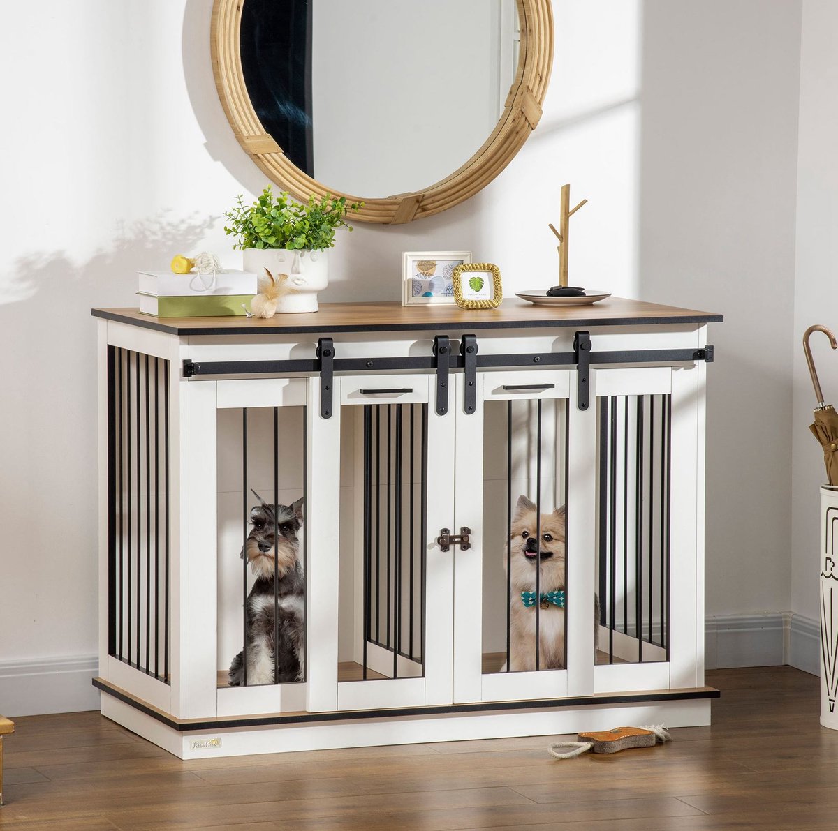 REDOM - Hondenbench met scheidingspaneel - 2-in-1 gebruik met of zonder tussenwand - 2 deuren - Hout - Wit - 120 x 60 x 88,5 cm - voor middelgrote honden