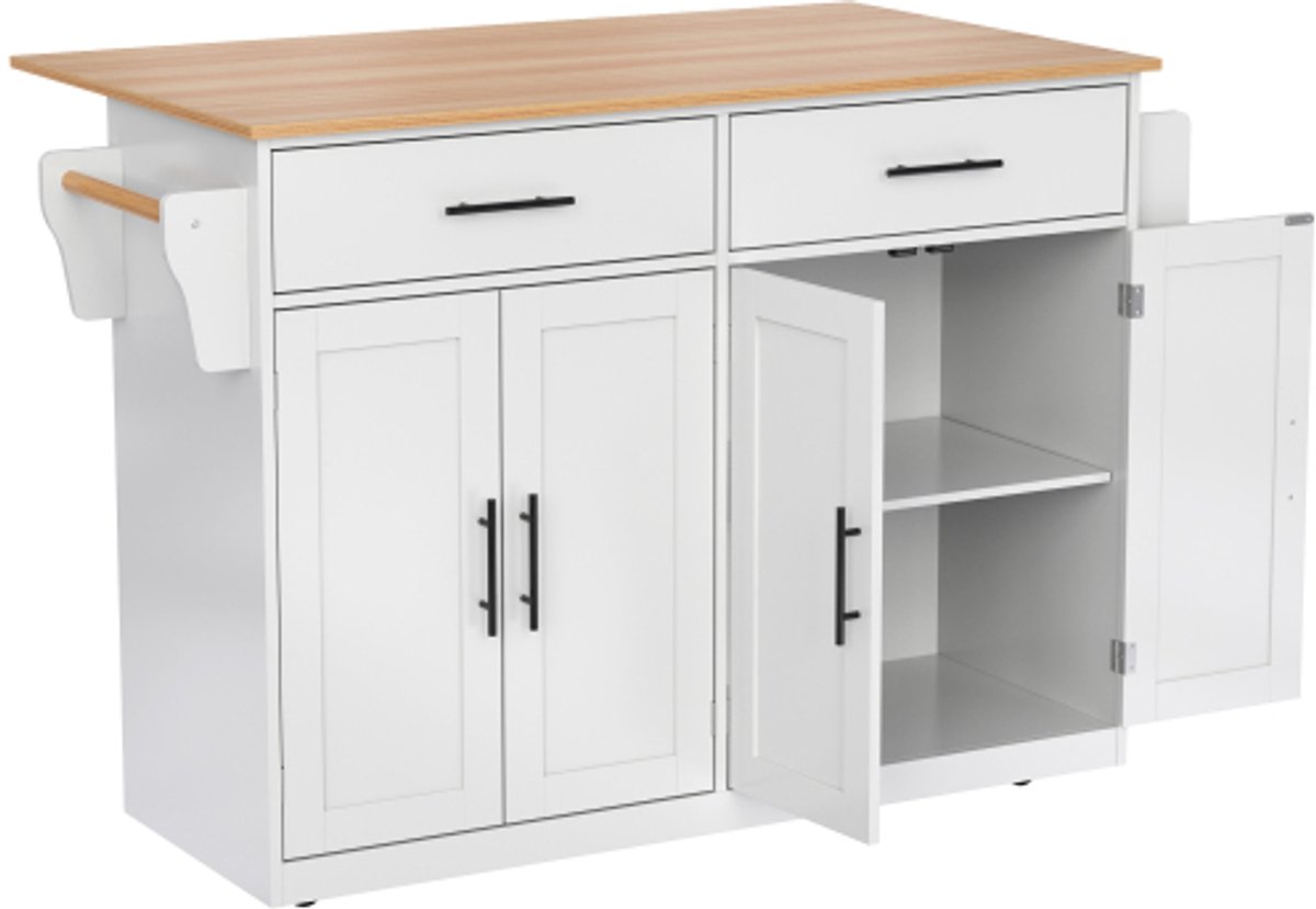 Witte keukeneiland tafel 120x46(70)x91cm met wieltjes en houten steunpotten multifunctioneel meubel ideaal voor keuken en eetkamer binnenshuis