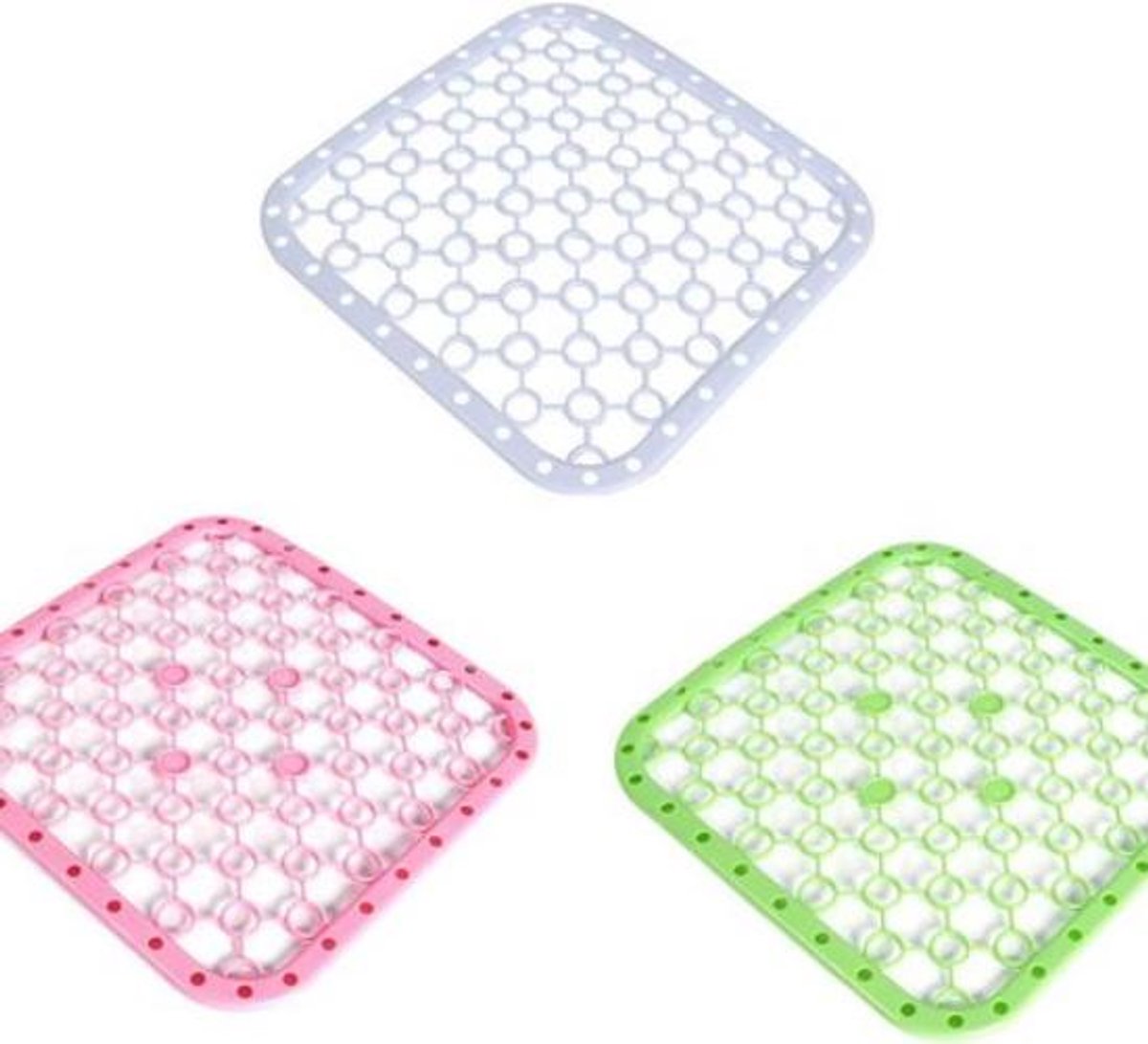 Afvoermat voor gootsteen/wastafel - Antislip plastic beschermmat - Roze + Groen + Wit - Driedelige set