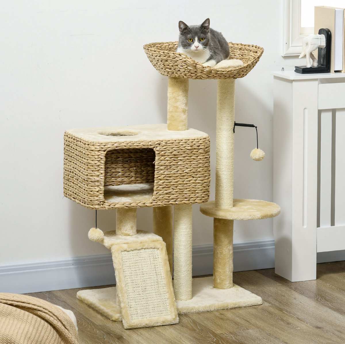 REDOM - Katten krabmeubel met kattenhuisje en ligplateau - Krabpaal van sisal en pluche - Met anti-kantelvoorziening - Beige - 98 cm