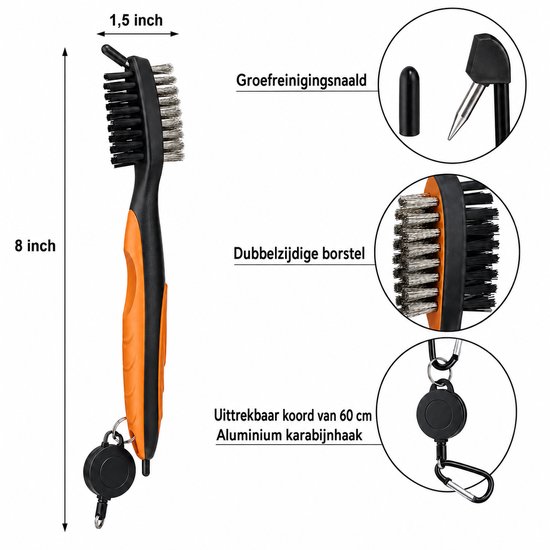 Golfclub borstel en groeven reiniger - 3 in 1 Multi Club Cleaner met uittrekkoord - kleur ORANJE van Merkloos — afbeelding 2