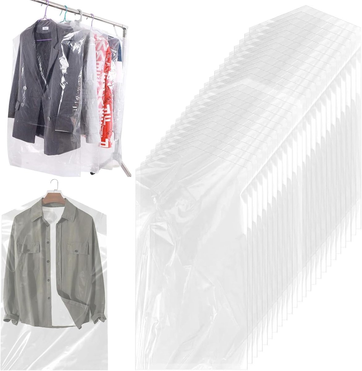 30 stuks kledingzakken, 90 x 60 cm, kledingbeschermhoezen voor jurken overhemden | Kledinghoezen transparant, kledingzak, kunststof, beschermt kleding tegen beschadigingen, is stofdicht en waterdicht
