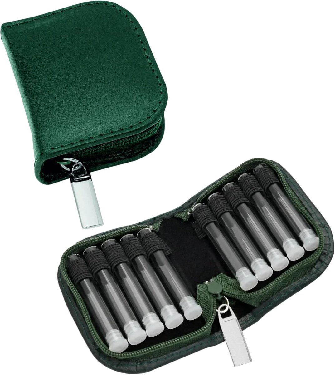 Globulitas met 10 glazen, zakapotheek, noodapotheek (leer groen)
