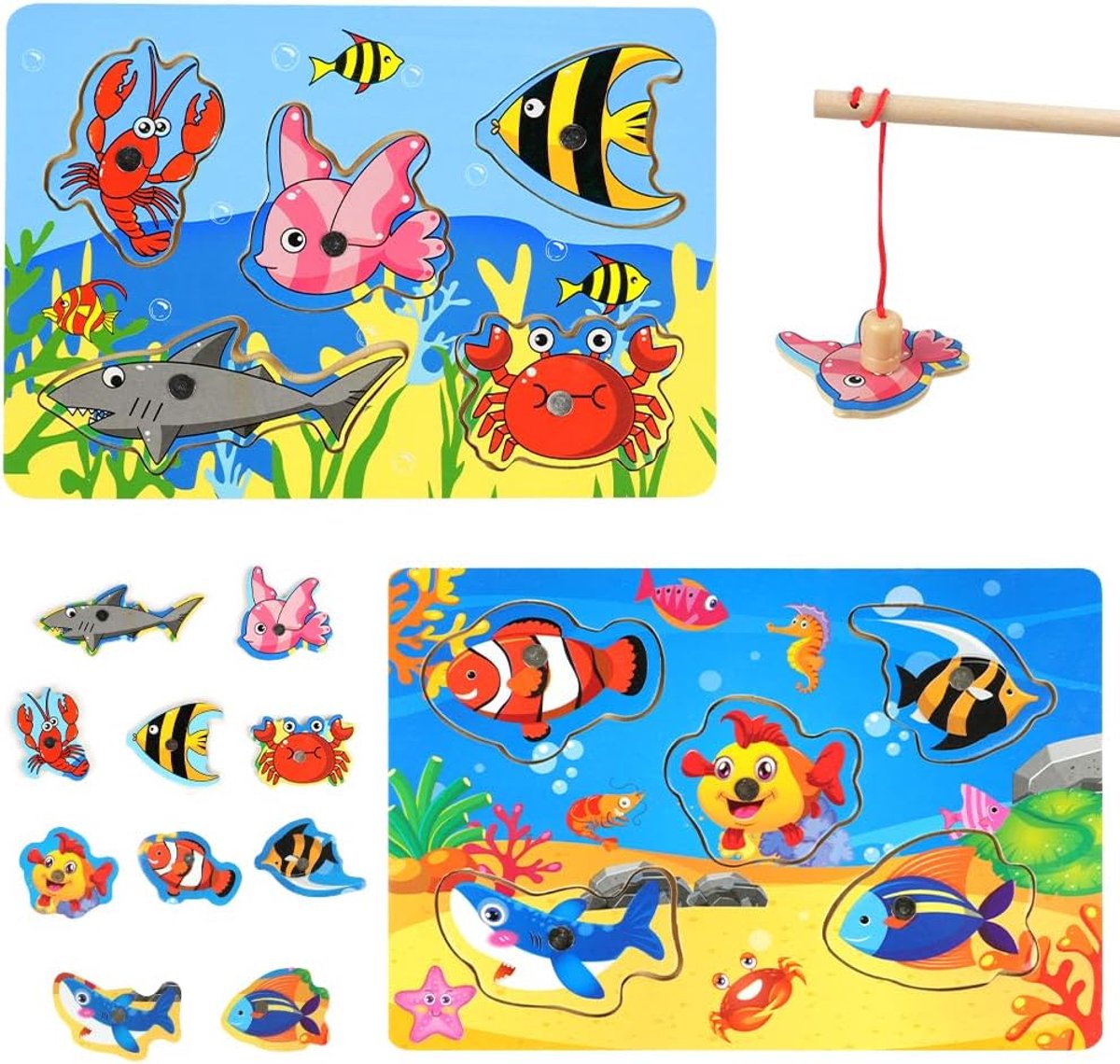 Magnetisch visspel, 2-delige set visspeelgoed Montessori speelgoed vanaf 2 jaar, kinderspeelgoed, hout, magneetspel, motoriekspeelgoed, hout, visspel, vanaf 2 jaar, educatief speelgoed, cadeau