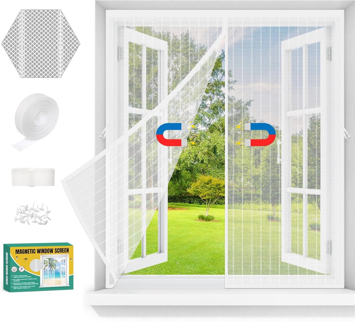 SnelShoppen - Vliegenscherm voor Raam, Magnetisch Insectenbescherming voor Ramen, Muggennet met Frame, Geen Boren Nodig, 100 x 140 cm, Wit, Ideaal voo