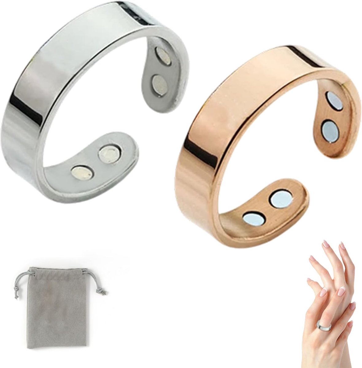 Damesring tegen migraine, verstelbare magneetveldtherapieringen, set magnetische ring, migraine-ring, menopauzale ondersteuning met fluwelen zakje, magnetische acupressuurring