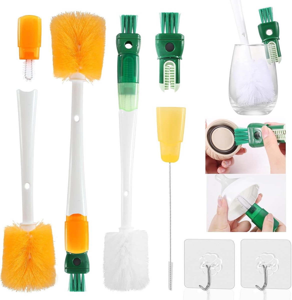 SnelShoppen - 2 Stuks 5-in-1 Lange Handgreep Flesborstel, Flesborstel met 2 Haken, Schoonmaakborstels voor Smalle Halsflessen, Babyflessen, Glazen, Ke