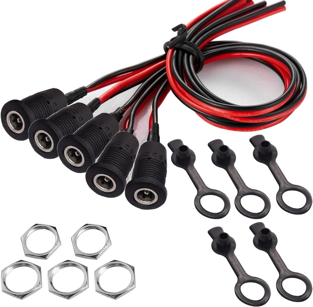 5-delige set DC-voedingsstekker 5,5 X 2,5 mm, 12V 10A holle stekker DC-bus paneelmontage, laagspanningsconnector 5,5 MMX 2,5 mm (met kabel 15 cm) + 5X rubberen beschermkleppen