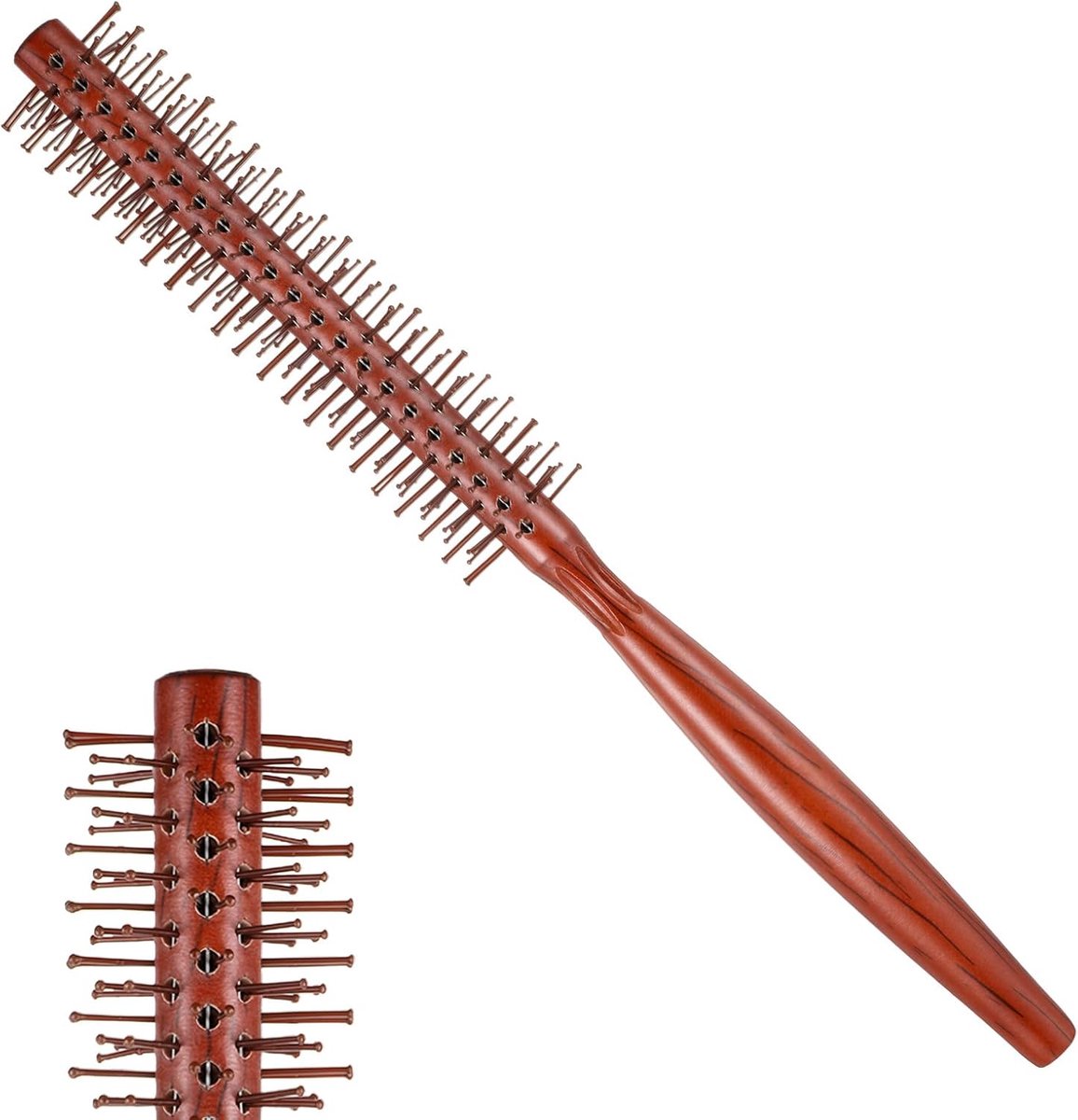 1 kleine ronde borstel voor föhnen, houten handvat, rollerborstel met zachte nylon borstelharen voor styling en ontwarren, kort, lang, krullend haar