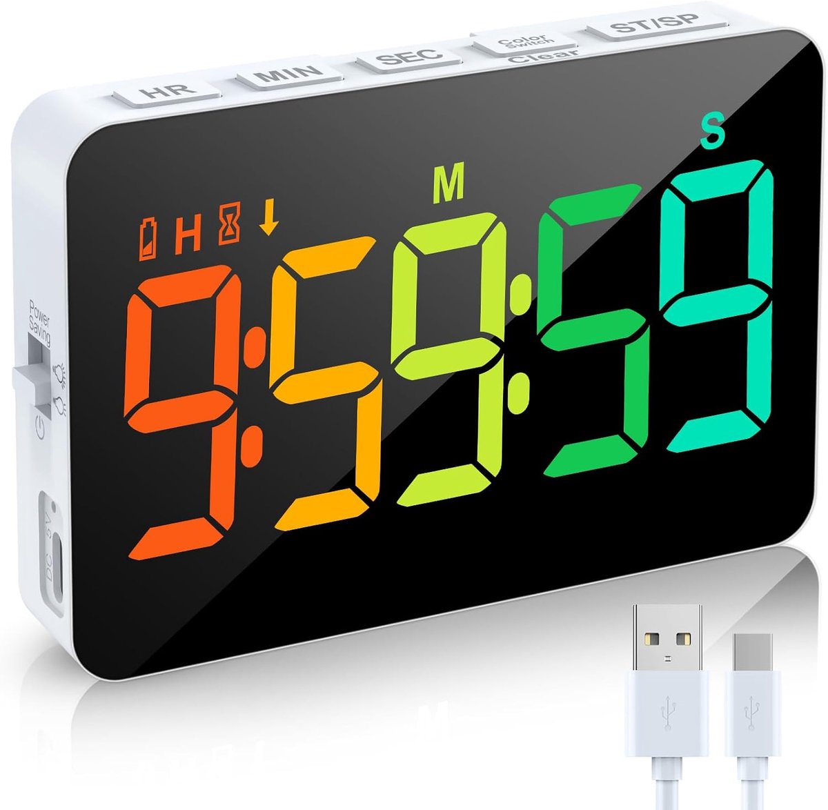 Dynamische led-timer, 6 vaste kleuren en 4 verloopkleuren, digitale keukentimer, timer met 5 inch display, instelbare helderheid en volume, magnetische timer voor keuken, vergadering, klasse
