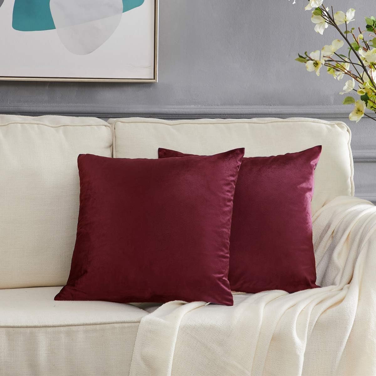 SnelShoppen - Set van 2 Velvet Kussenhoezen, Decoratieve Kussenhoezen voor Bank, Slaapkamer, Auto, 50 x 50 cm, Wijnrood, Zacht en Duurzaam
