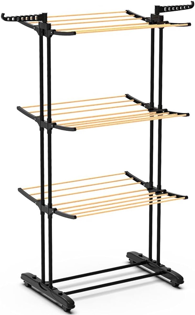 vounot Opvouwbaar droogrek met 3 niveaus, met wieltjes, grote capaciteit, opvouwbaar droogrek van staal, zijvleugels, voor binnen en buiten, hout, zwart