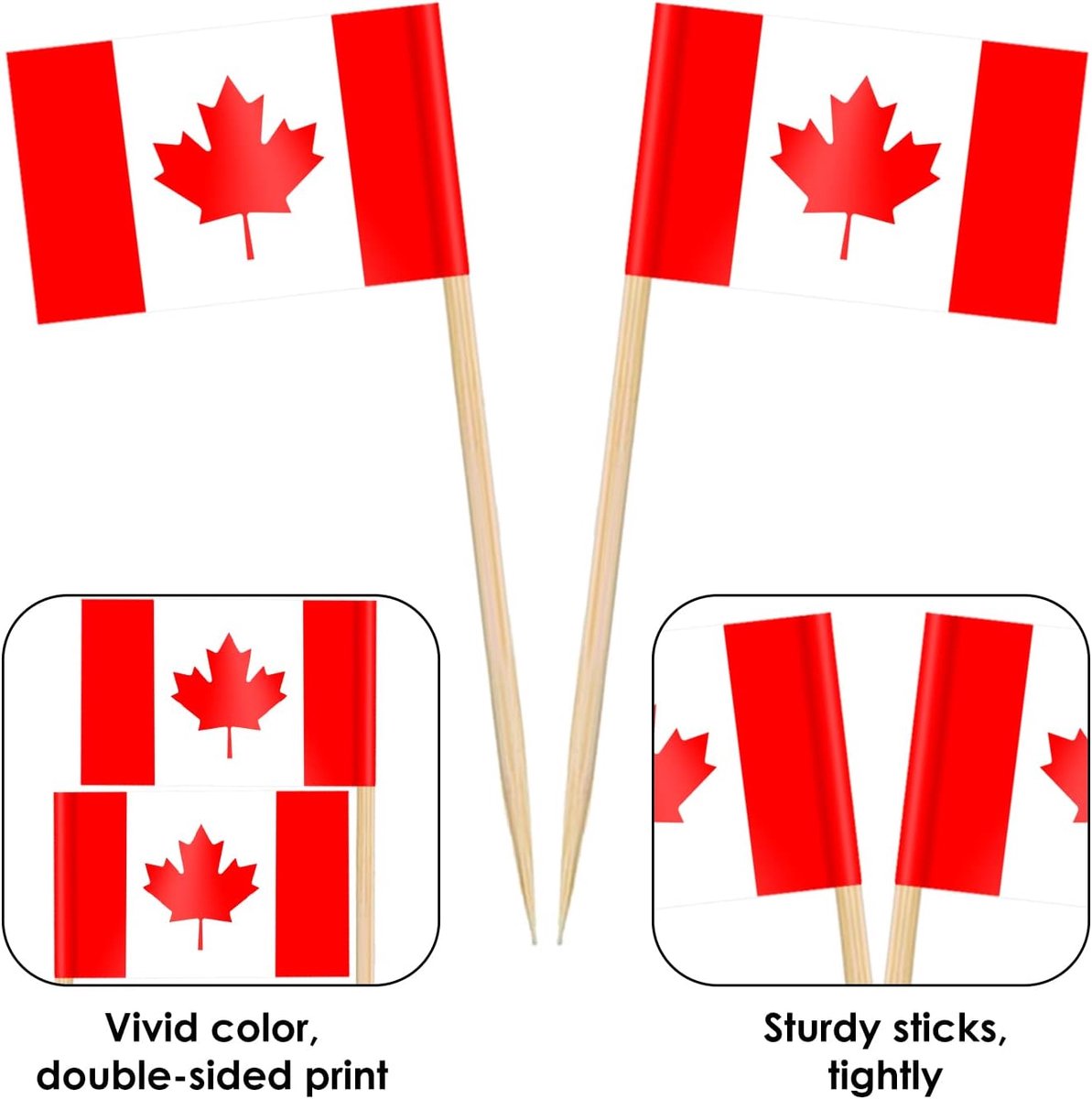 100 stuks Canadese tandenstokers, vlaggen, tandenstokers voor WK 2026, sandwich, levensmiddelen, cupcake-toppers, cocktails, fruit, servies, party, pub, decoratie, 100 stuks