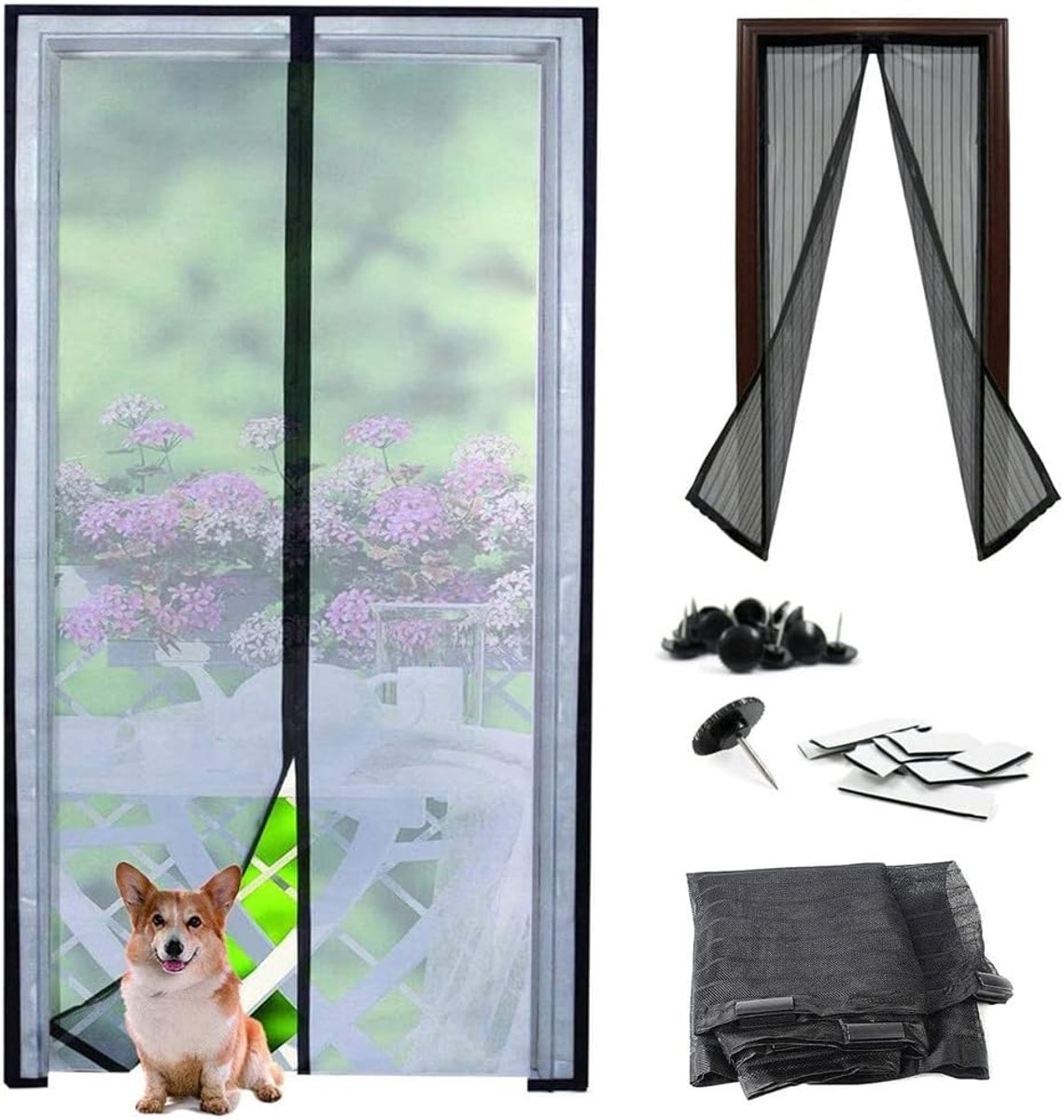 SnelShoppen - Zeer fijne gaas deur grille 210 x 100 cm, muggennet met optimale luchtcirculatie, set van 4 elementen, duurzaam polyester, eenvoudig te