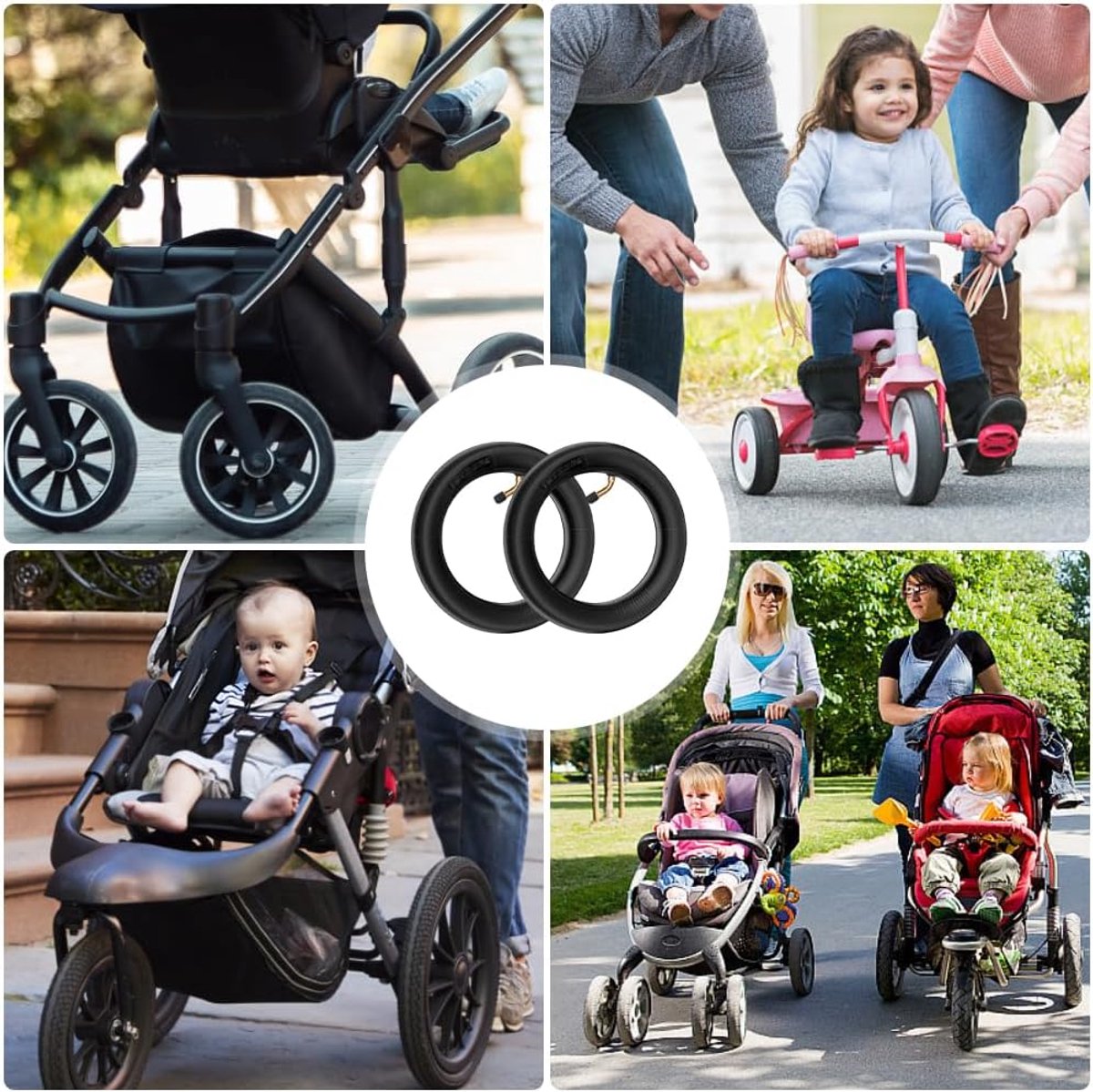 mizikuu 2x 10 Inch Slangen, 2-Delige Binnenband met 45°/45° Hoek met 2 Bandengeleiders Naadloze Slang In Zwart Wandelwagen Slang Voor Kinderwagenbanden
