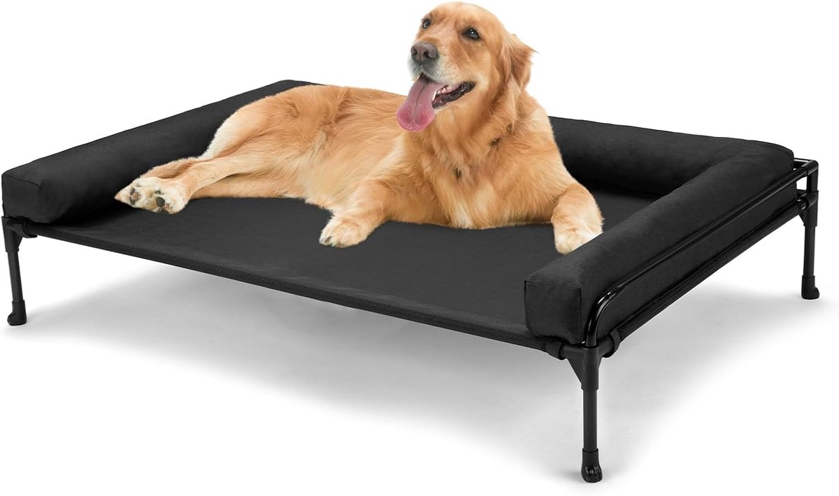 Verhoogd hondenbed - Koelend outdoor hondenbed voor grote honden, driezijdige omheining, verhoogd huisdierenbed met gaas en antislip pootjes, honden hangmatbed met verwijderbare bolster - 104 x