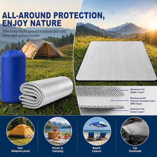 Aluminium isolatiemat, schuimmatten, 200 x 200 cm, slaapmat voor camping, isolatiedeken, opvouwbare tentmat, vloermat, thermomat, mat van aluminiumfolie, ultralicht en waterafstotend — afbeelding 3
