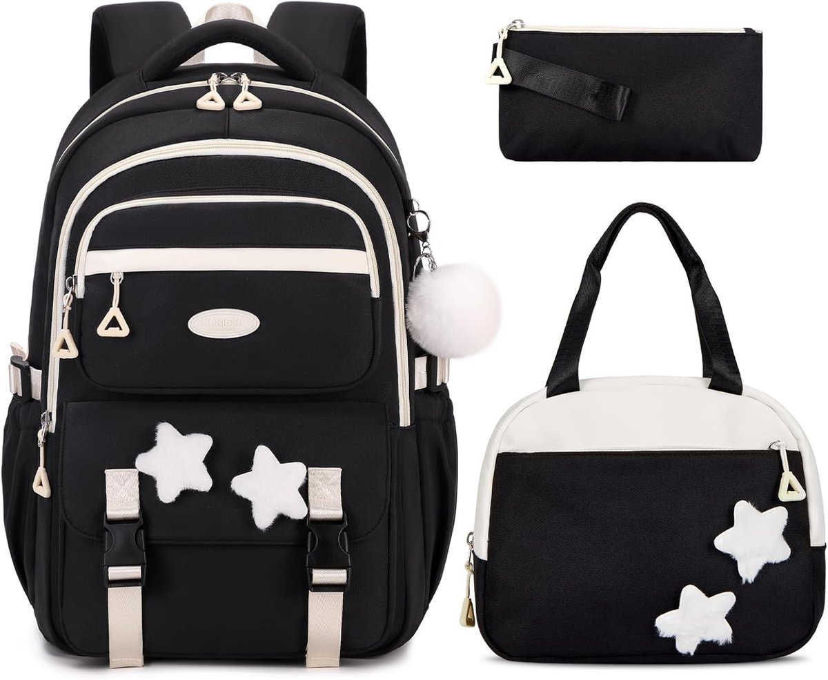 Schooltas voor Meisjes, 3-delige Kinderrugzak voor School, Meerdere Vakjes Meisjes Boekentas Set met Lunchbox Potlood Etui, Zwart, 31×16×45 cm