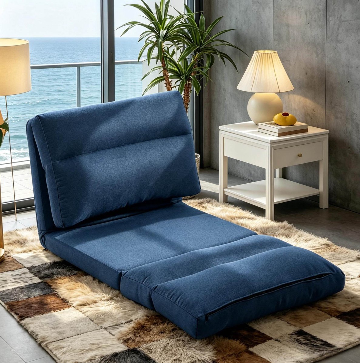 MIVRAY Chaise Longue 70 x 72 x 56 cm - Verstelbare Vloerstoel Met 5 Posities En Ligfunctie - Voor Woonkamer En Slaapkamer - Polyester - Blauw