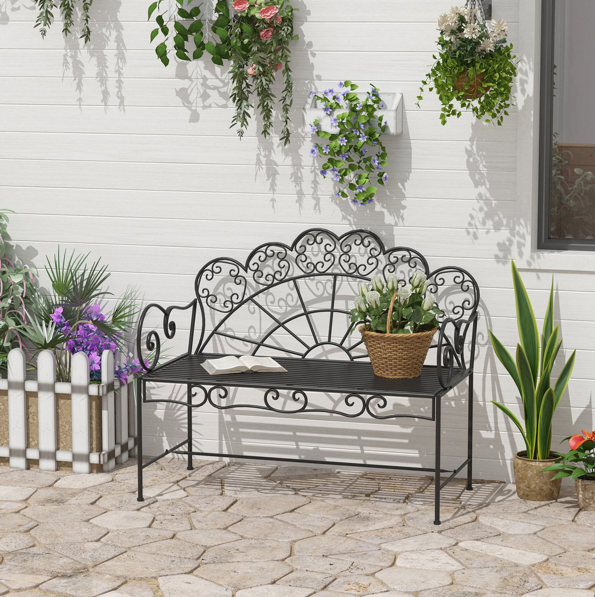 COVREO Tuinbank 107x55,5x90,5 cm zwart, van metaal voor 2 personen