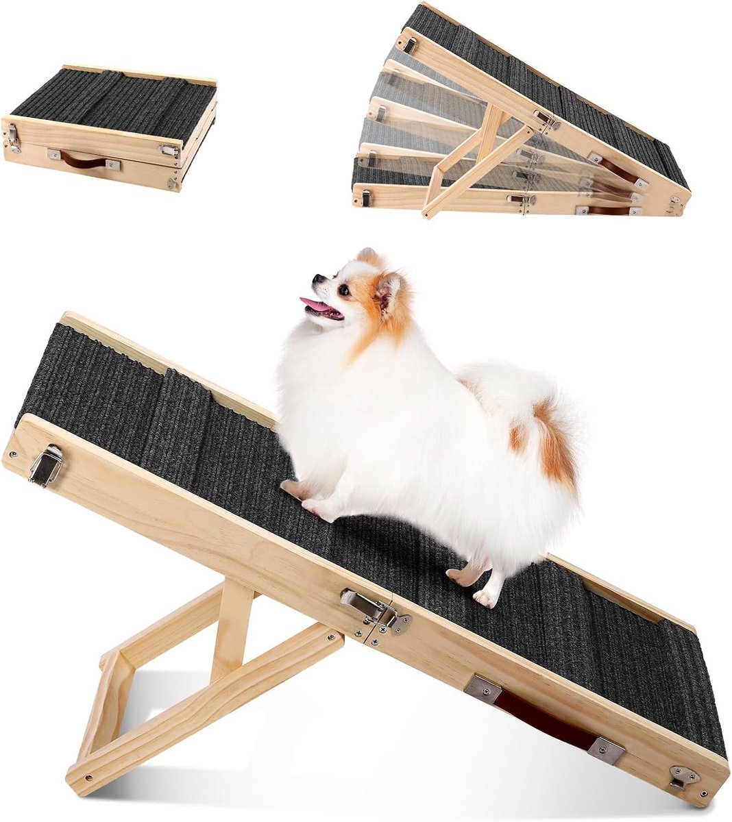 Foldable Wooden Dog Ramp for Bed, Sofa and Car, Adjustable Pet Ramp for Small Dogs, Height 25-52cm, Length 83cm, Width - ShopVlot