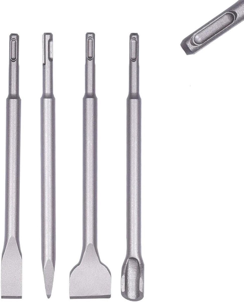SnelShoppen - SDS Plus 4-Delige Beitelset, Beitels voor Hamerboor, Tegelbeitel, Puntbeitel, Vlakbeitel 20 mm, Vlakbeitel 40 mm, Robuuste Beitels, Hoog
