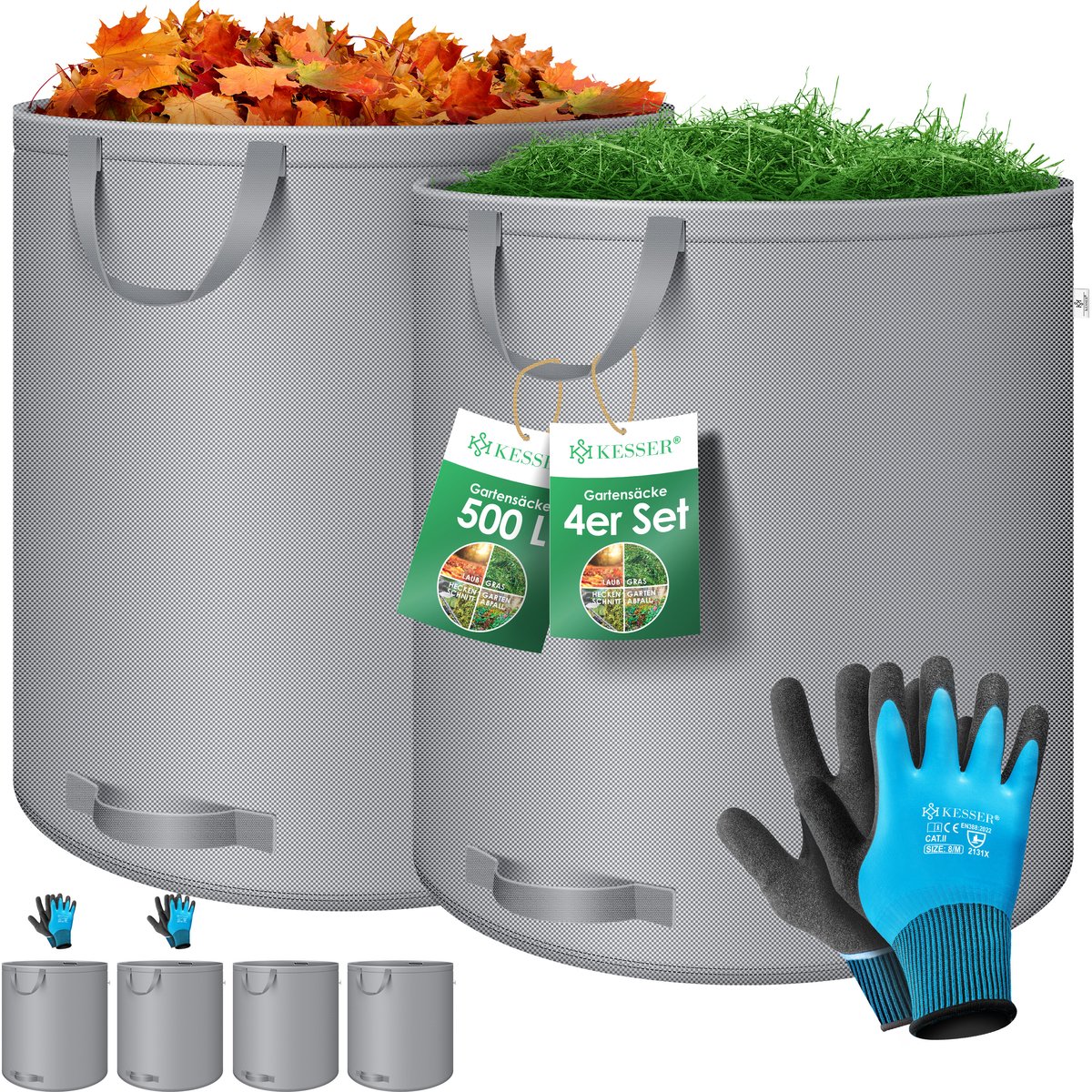 KESSER® Tuinafvalzak Tuinzak Set Bladzak incl. Handschoenen - Zelf Staand 4 Handvatten Stabiel Robuust & Opvouwbaar - Bladzakken Maaisel Tuinzakken voor Tuinafval Groenafval - 4-delige set, Grijs