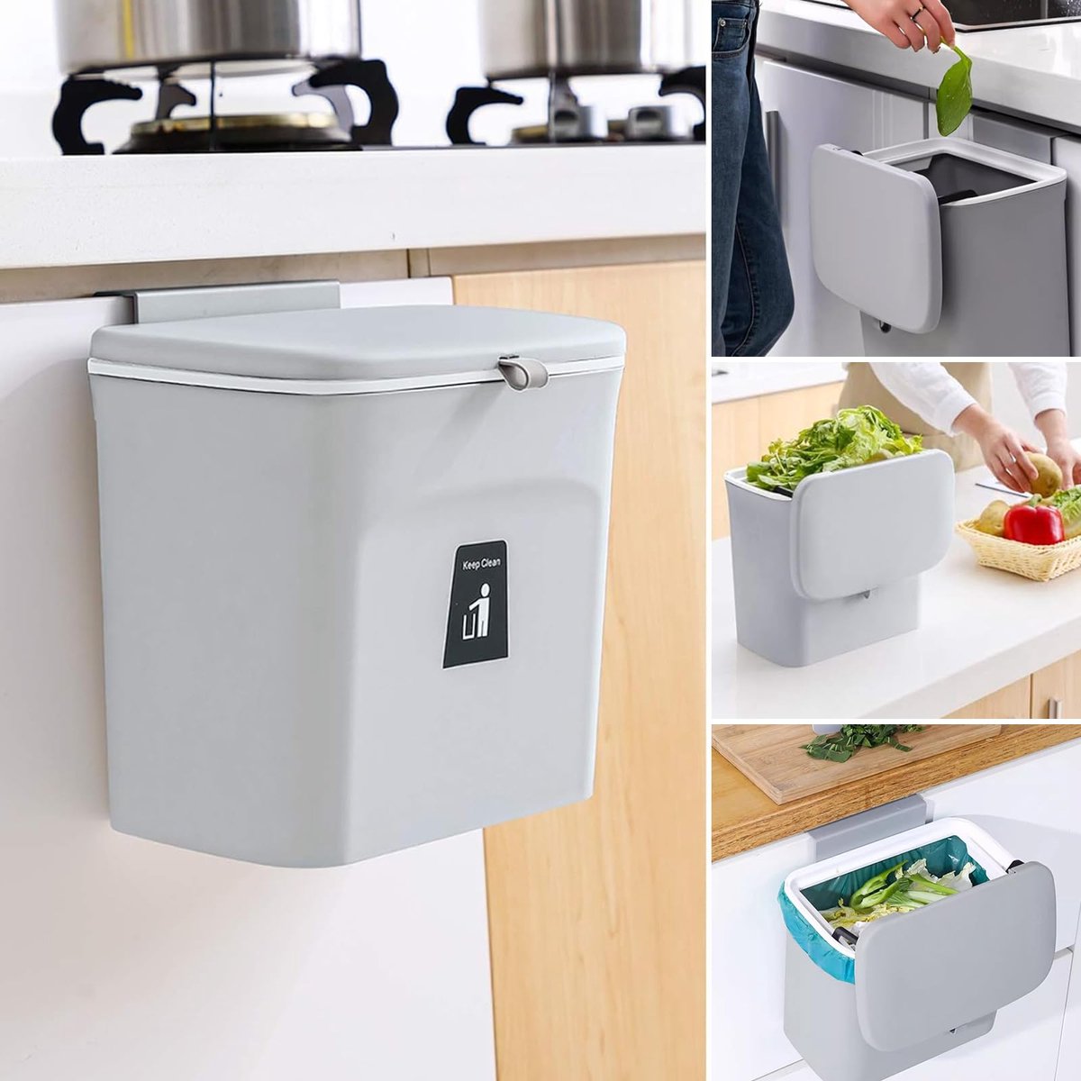 SnelShoppen - Hangende Afvalbak 7 Liter Grijs met Deksel, Klein Vuilnisbakje voor Keuken, Badkamer, Keukenhoek, GFT Emmer voor Keuken en Kasten
