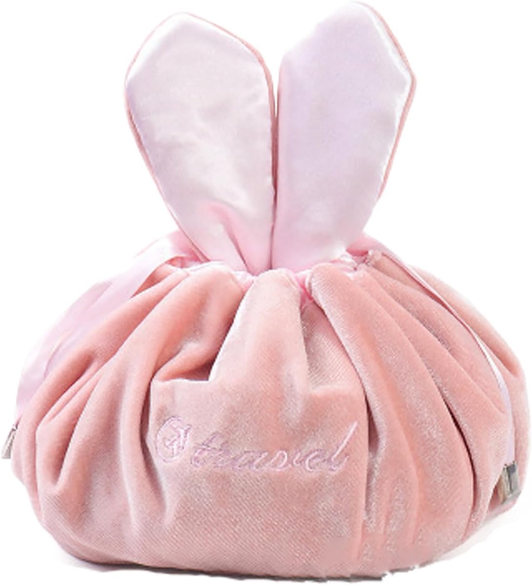 SnelShoppen - Soft Makeup Bag, Lazy Makeup Bag, Trekkoord Makeup Tas, Bunny Cosmetica Tas, Voor Cosmetica, Toiletspullen en Speelgoed, Roze, Schattig,