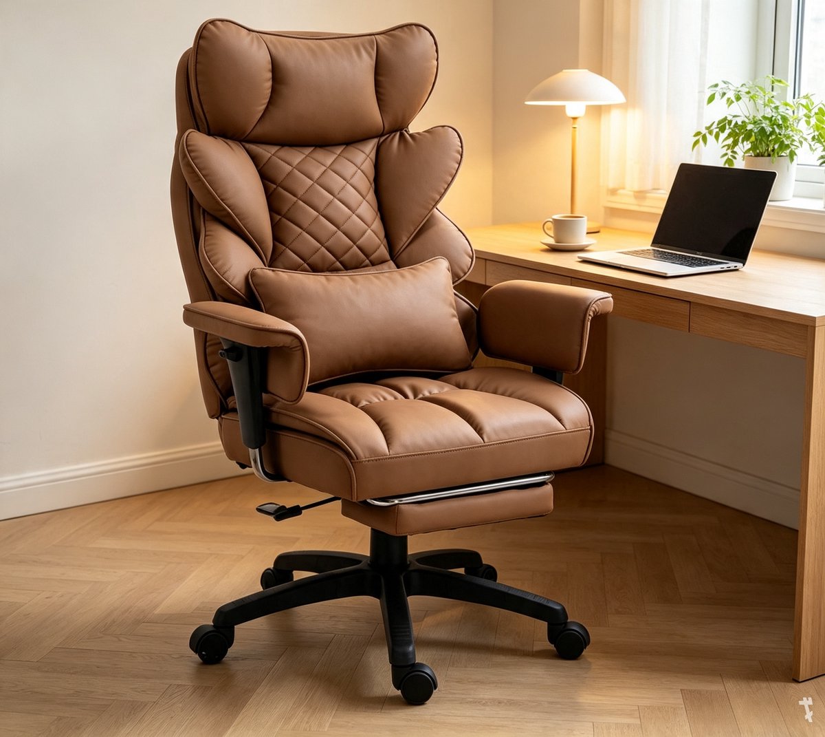 Dowinx Gamingstoel - ergonomische bureaustoel - met pocketvering zitting dubbele zachte rugleuning - verstelbaar lendenkussen - armleuningen en uitschuifbare voetsteun – Geschikt voor werk studie en gaming -PU -bruin