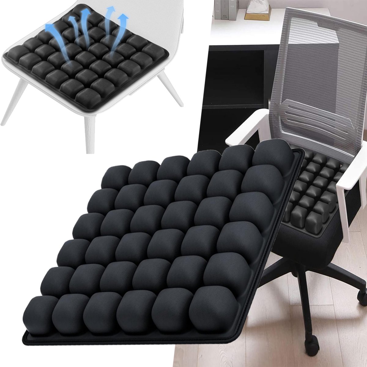 Opblaasbaar Zitkussen Met Ergonomisch Ontwerp En 49 3D-Luchtkamers Zacht Ademend En Comfortabel - Lekvrij Ventiel TPU Drukverlagend - Voor Rolstoel, Kantoor En Thuis - Zwart