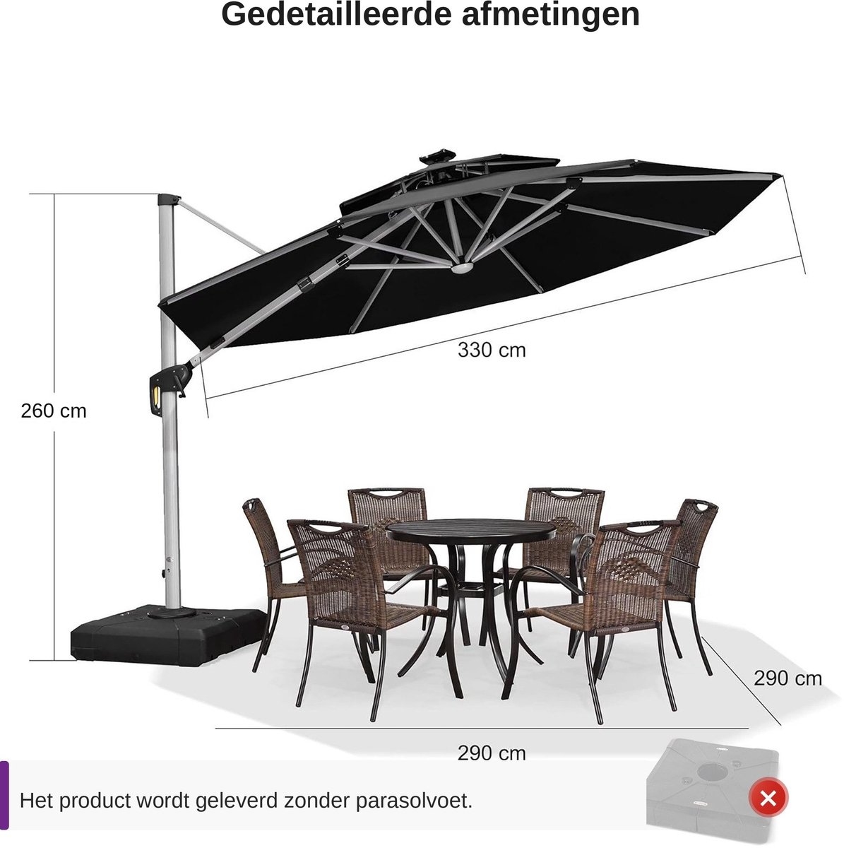 Purple Leaf Ronde zweefparasol met ledverlichting Ø330 cm - Grijs