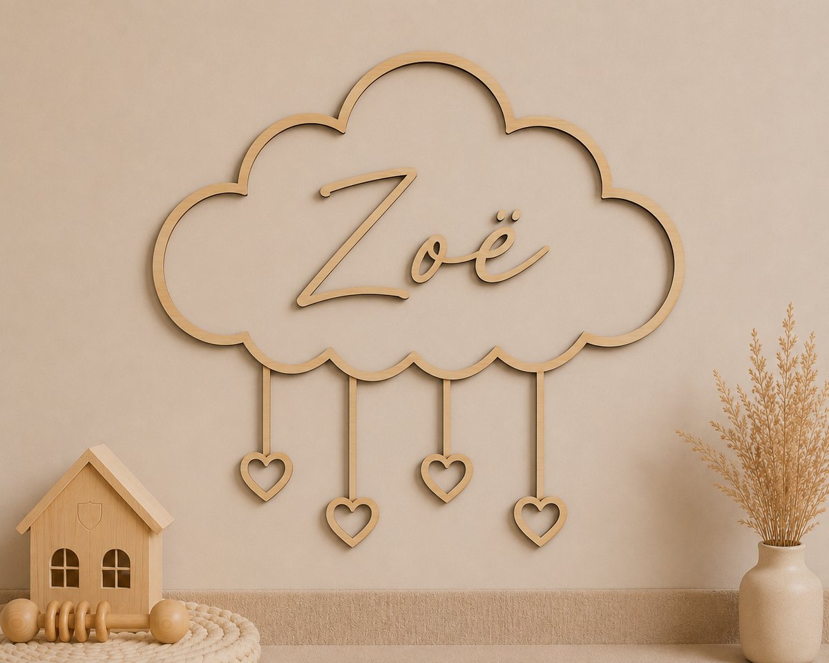 Gepersonaliseerde Houten Naamdecoratie Wolk met Hartjes – 50 x 25 cm – Wanddecoratie Babykamer & Kinderkamer – 5 mm Hout – Uniek Kraamcadeau