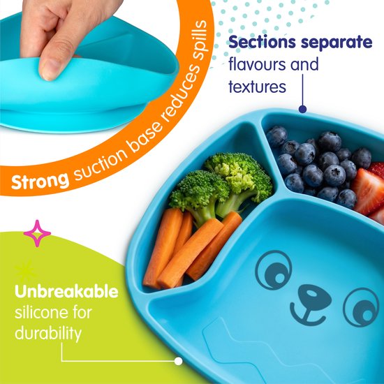Playgro Stick & Snack Siliconen Zuignapbord - Blauw - 3 Vakken - BPA-vrij - Vaatwasser-, Magnetron- & Vriezerbestendig — afbeelding 5