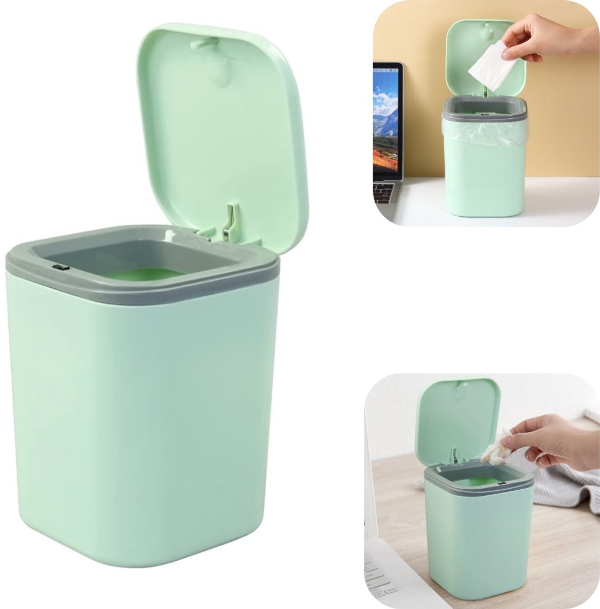 Prullenbak - Bureauprullenbak - Papieren handdoekopslagbak - Drukprullenbak - Tafelprullenbak - Waterdicht - Met deksel - Grote capaciteit - Opslagaccessoires - Geschikt voor bureau, keuken, binnen (groen, 13*17,5 cm)