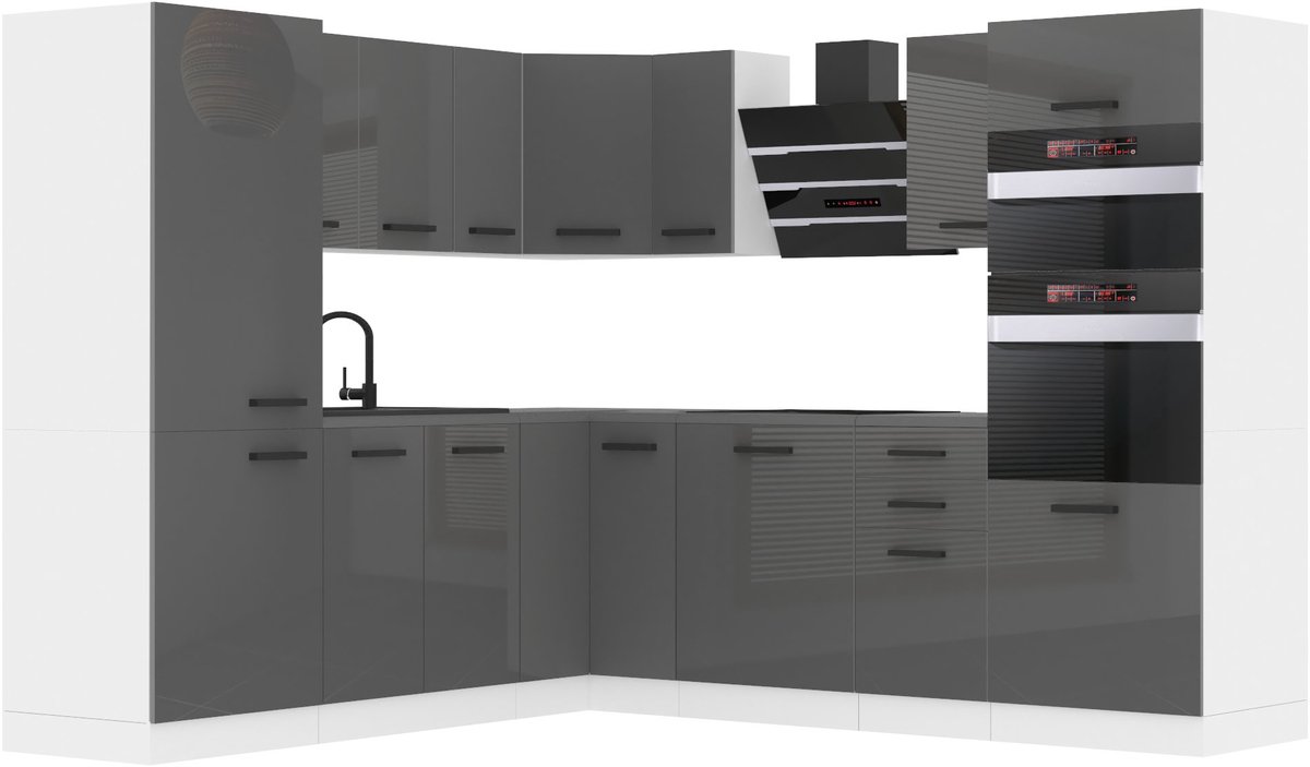 BELINI L-Vorm Keukenblok STACY - Keukenmeubel Set 420 cm Zilver Hoogglans zonder Werkbladen - Boven- en Onderkasten