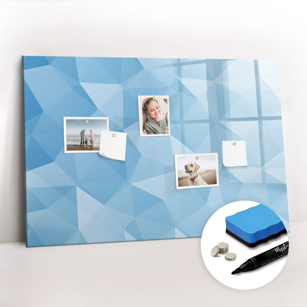 Tulup Whitebord - Abstracte donkere driehoeken - 90 x 60 cm - Blauw Memobord Magnetisch - Gratis 5 Sterke Magneten + Whiteboard Marker & Wisser - Stylish Memo Board - Magnetisch Bord Kind - Organiseer Je Bureau
