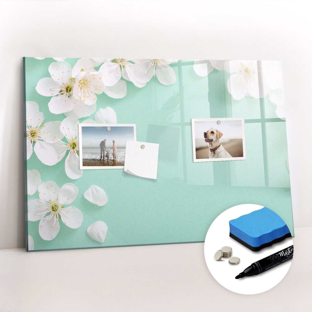 Tulup Whitebord - Bloeiende madeliefjes - 60 x 40 cm - Turkoois Memobord Keuken - Gratis 5 Sterke Magneten + Whiteboard Marker & Wisser - Scandinavisch Design Bord - Magneetbord Foto - Organiseer Je Bureau