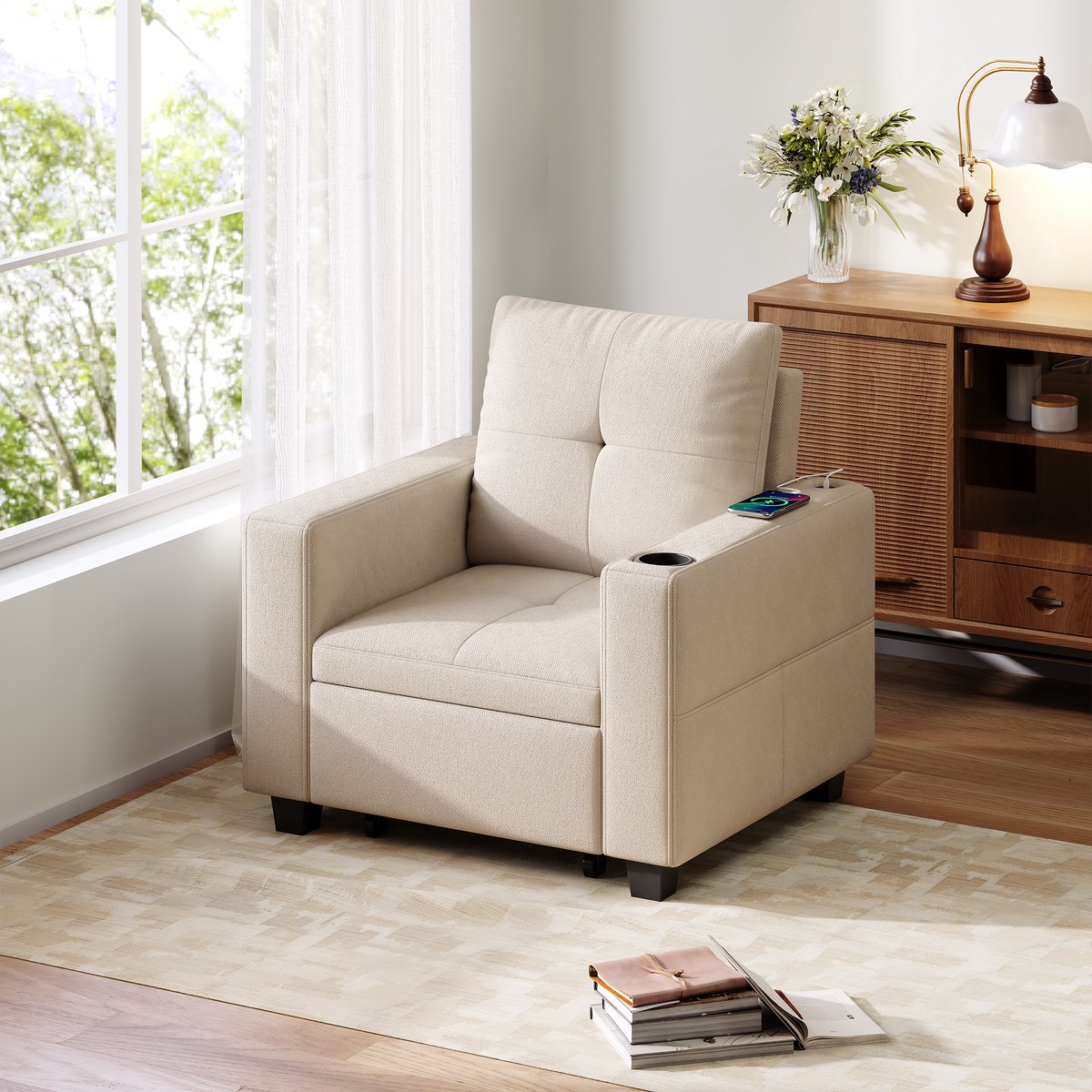 Opklapfauteuil 3-in-1, Eenpersoons slaapbank met oplaadpoorten en opbergvakken, verstelbare rugleuning, omvormbaar tot fauteuil, inclusief opbergtassen en 1 bekerhouder, Linnen Beige